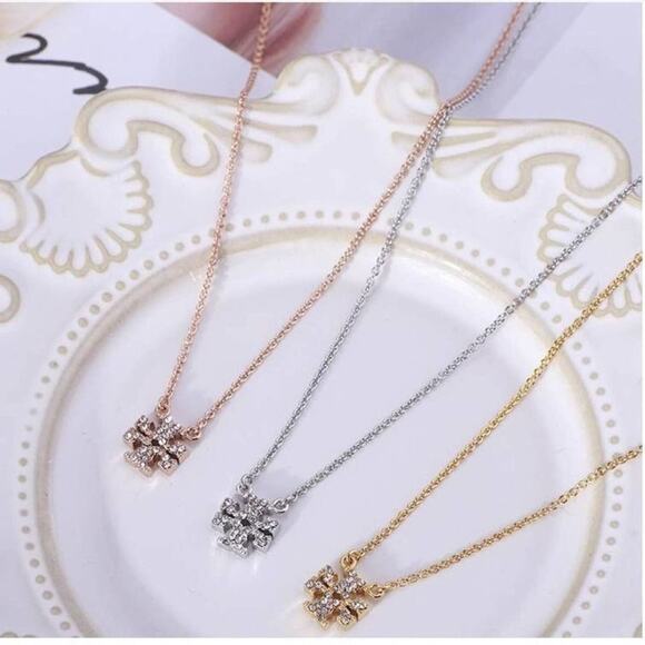 NWOT Tory Burch Rose Gold Logo Shape Pave Necklace - Picture 4 of 5